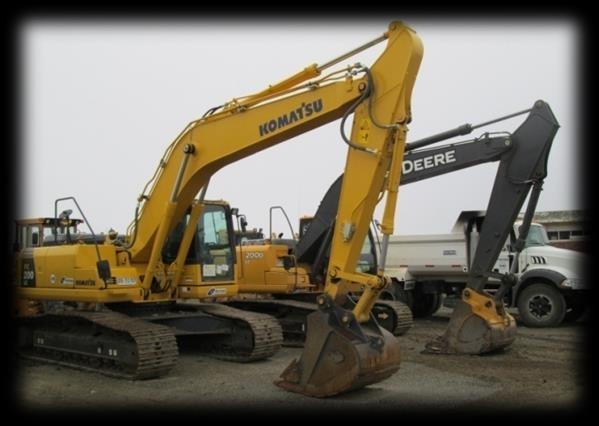 Excavadoras Komatsu y John Deere fotografiadas en el brochure