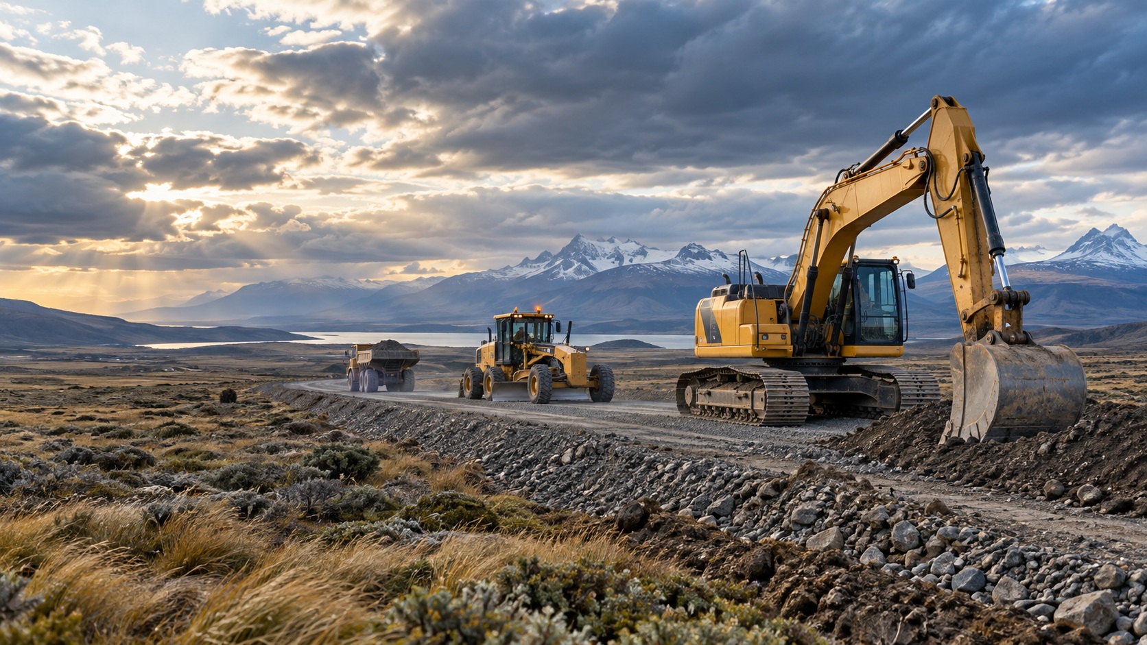 Imagen ilustrativa de excavadora, motoniveladora y camión en un camino de la Patagonia